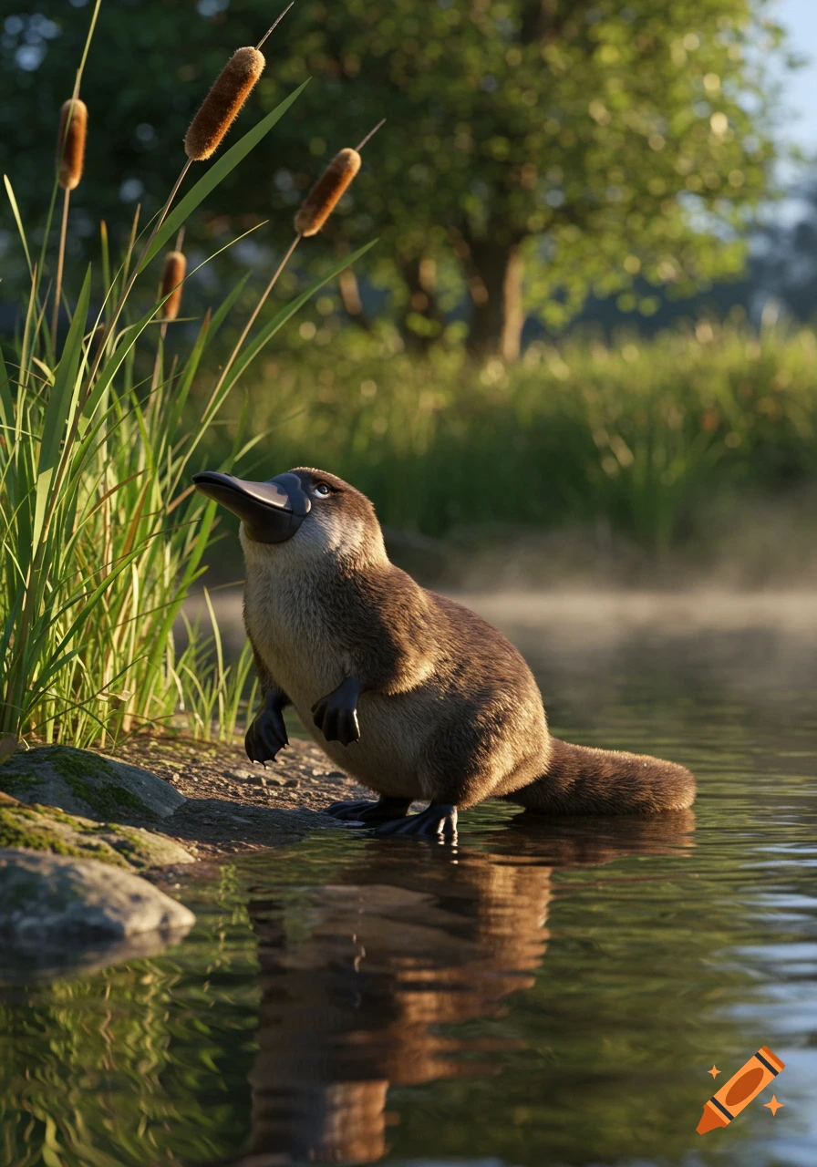 A photorealistic platypus stands on a misty river bank with tall reeds and trees in the background.