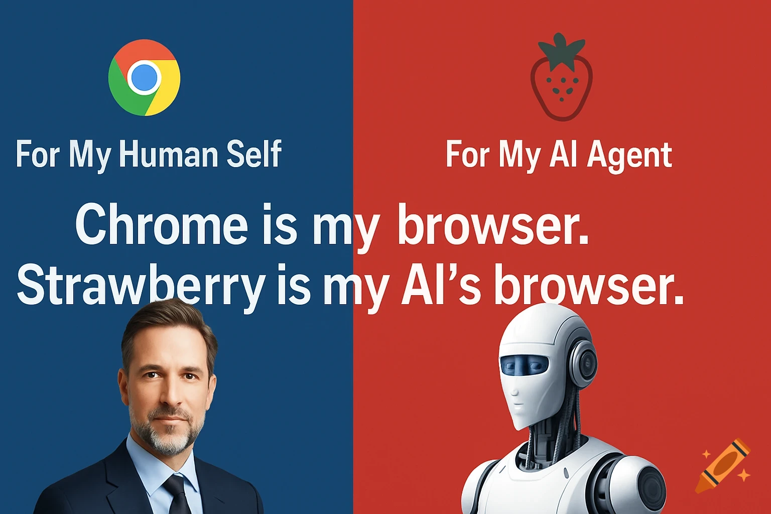 A split image shows a man, Chrome logo on blue, and a robot, strawberry logo on red, with text: 'For My Human Self' and 'For My AI Agent'. 'Chrome is my browser. Strawberry is my AI's browser.'
