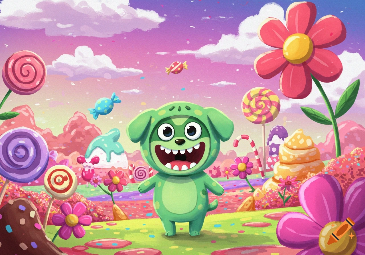 A vibrant cartoon illustration of a happy green dog-like character in a whimsical candy land filled with lollipops and flowers.