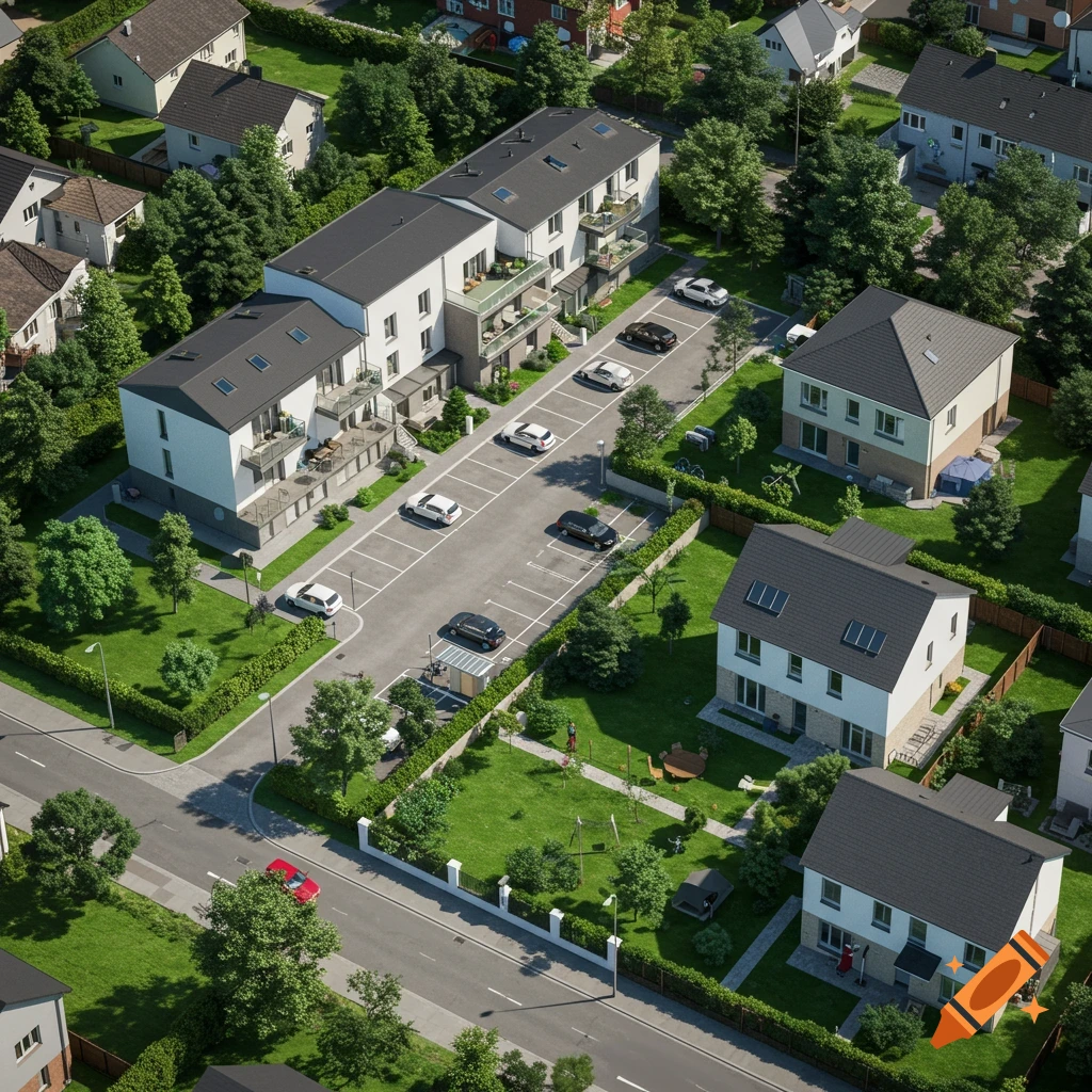 Aerial view of a modern residential complex with an apartment building, houses, parking, and green landscaping.