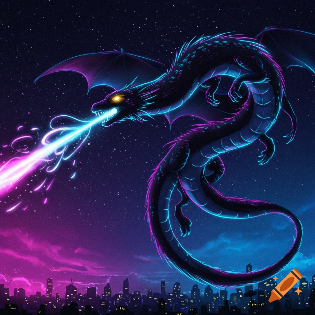 A vibrant, neon-outlined black dragon flies over a cityscape at night, breathing a pink and blue energy beam into the starry sky.