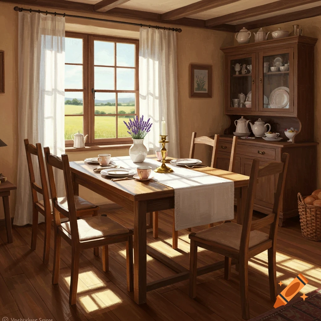 A sunlit dining room with a wooden table set for two, chairs, a hutch, and a window looking out onto a green field.