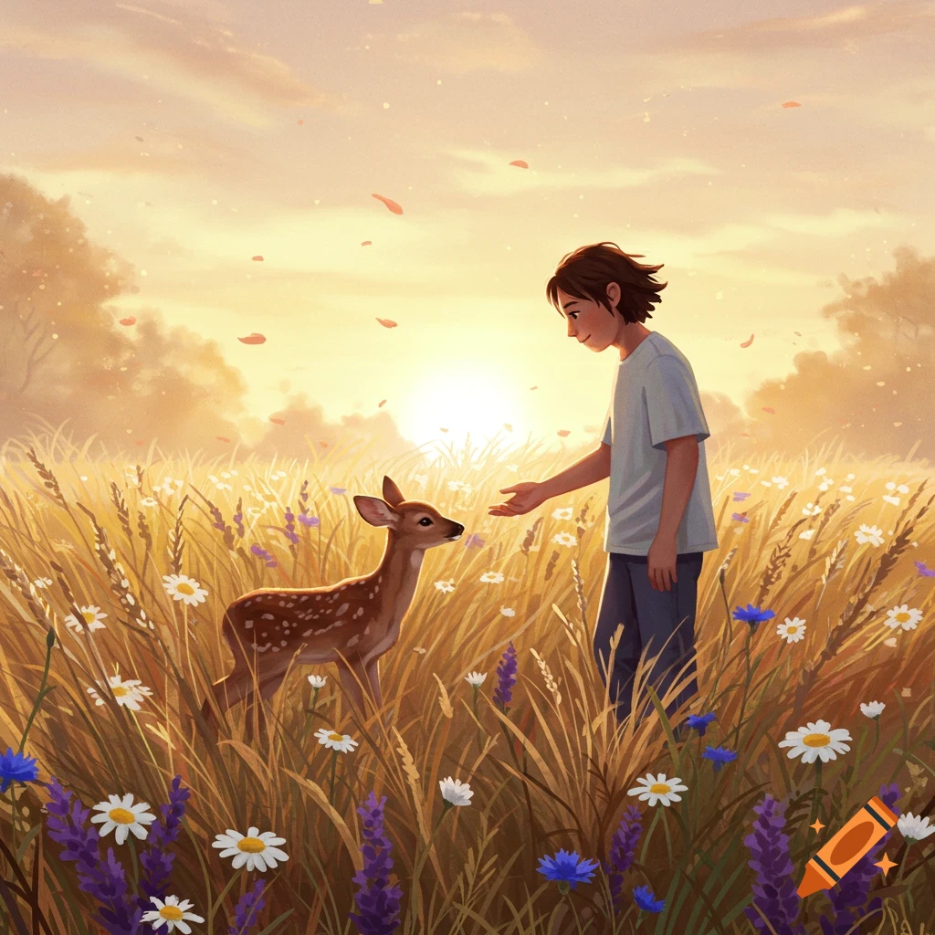 An illustrated young boy extends his hand to a spotted fawn in a golden field of wildflowers at sunset.