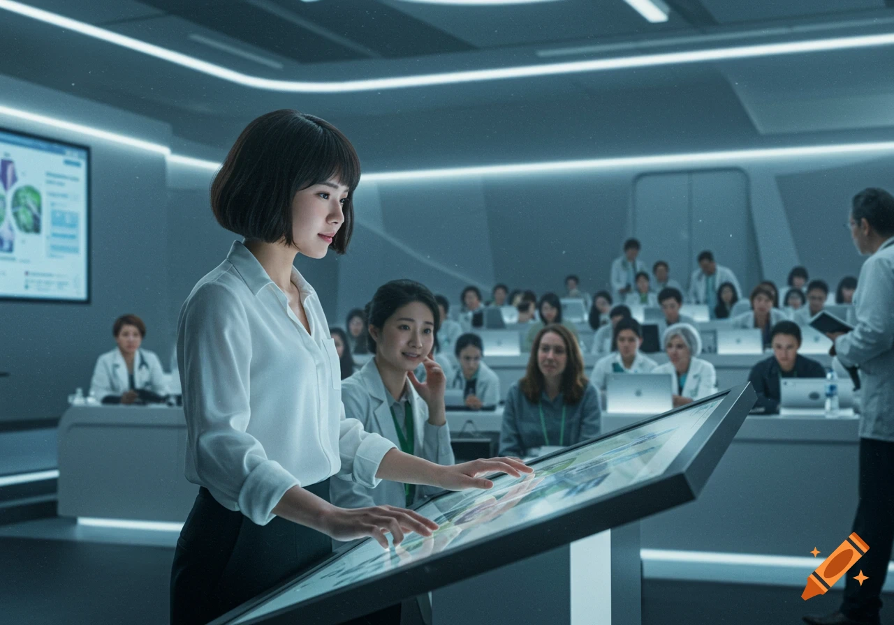 A short-haired woman in a white shirt interacts with a large touch screen in a futuristic conference room filled with people.