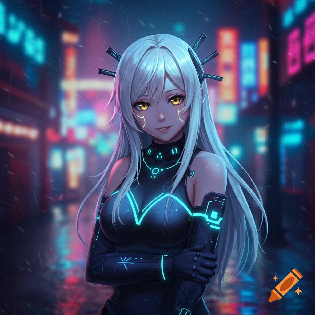 An anime girl with white hair and glowing yellow eyes in a futuristic outfit stands in a rainy, neon-lit cyberpunk city at night.