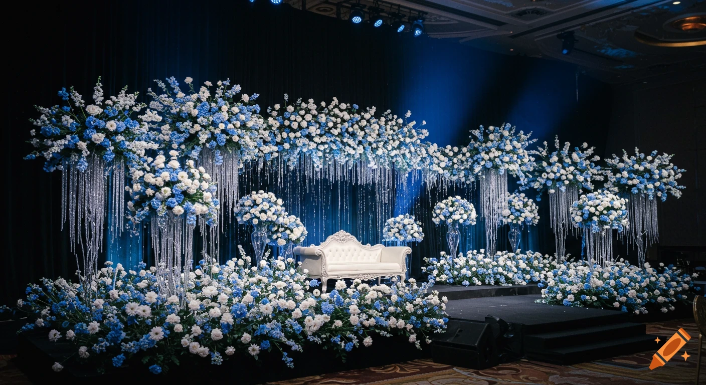 A lavish stage decorated with white and blue flowers, sparkling crystal strands, and a white sofa, under dramatic blue lighting.