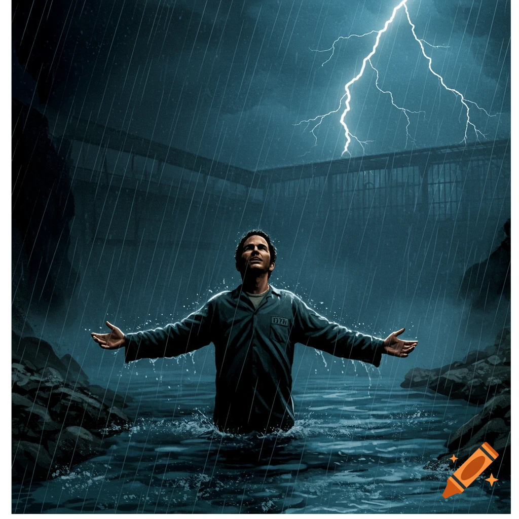 A man in a prisoner-like uniform stands in water with outstretched arms, looking up at a lightning strike during a heavy rainstorm in a dark, rocky prison yard, inspired by The Shawshank Redemption.