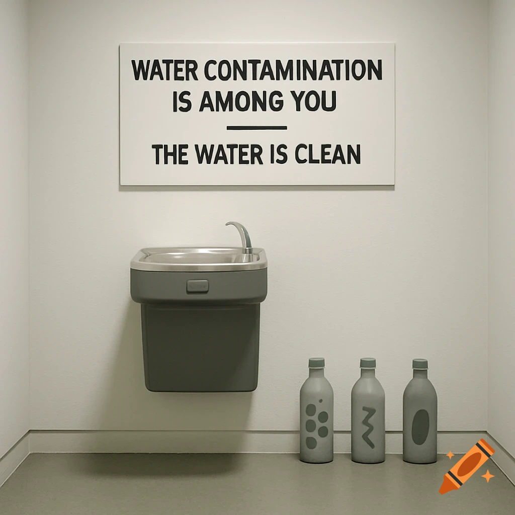 A minimalist art installation with a water fountain, a sign about water contamination, and three abstract patterned bottles.