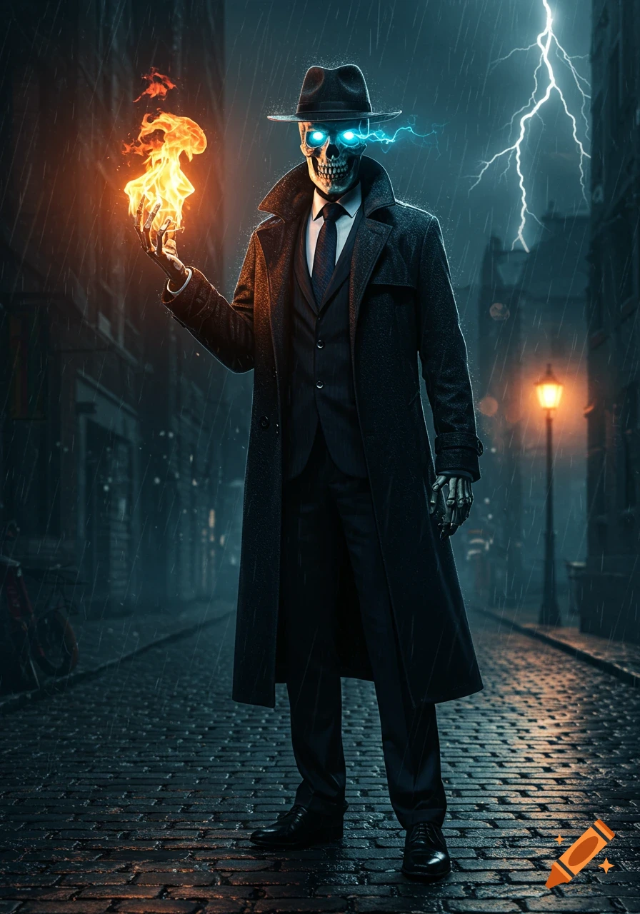 A skeletal detective in a trench coat and fedora stands in a rainy city street, holding a glowing orange flame, with lightning in the sky.