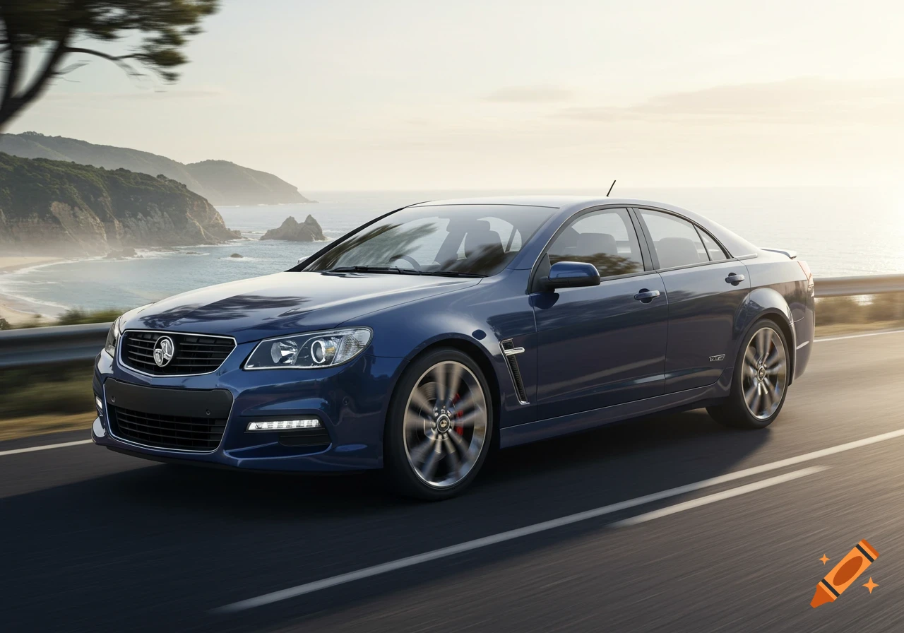 A blue Holden sedan drives on a coastal road with cliffs and ocean in the background under a soft sky.