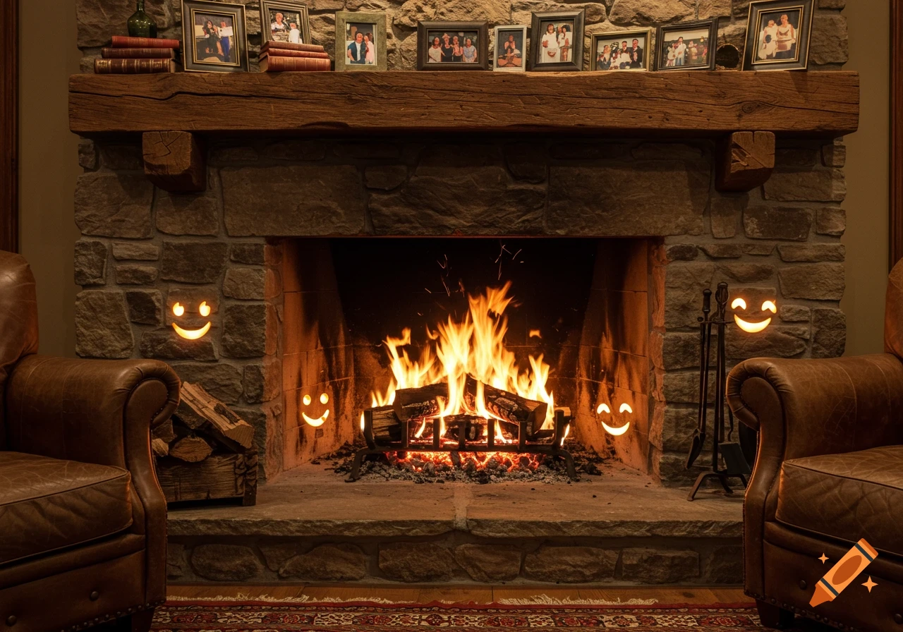 A cozy living room with a stone fireplace, a burning fire with glowing smiling faces, and two leather armchairs.