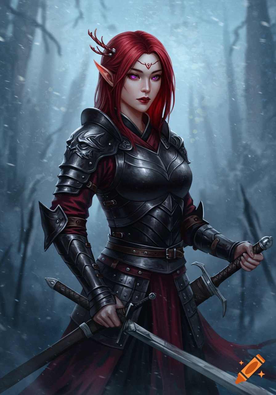 A fantasy woman with red hair, violet eyes, and pointed ears, wearing black armor and holding two swords, stands in a snowy forest.