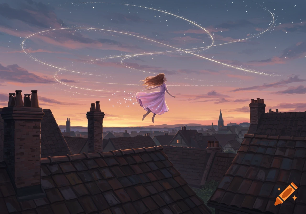 A girl in a pink dress floats above dark city rooftops with sparkles trailing behind her, set against a vibrant sunset sky.