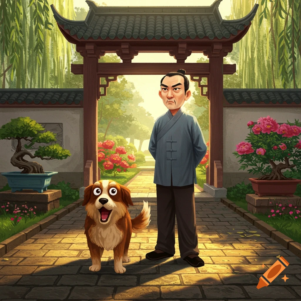 A cartoon man with a stern expression stands beside a happy brown and white dog on a stone path in a sunny Asian garden with a gate.