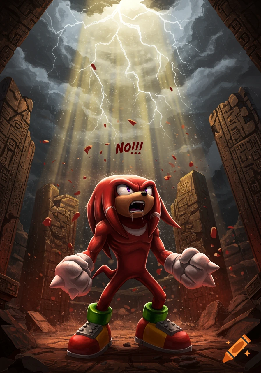 Knuckles the Echidna stands distraught amidst crumbling ruins under a stormy sky with lightning, exclaiming "NO!!!"