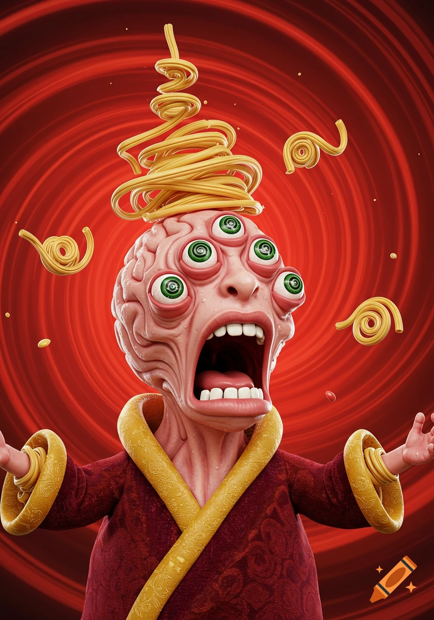 A cartoonish, screaming, brain-headed creature with multiple green swirling eyes and a spaghetti crown, against a red vortex background.