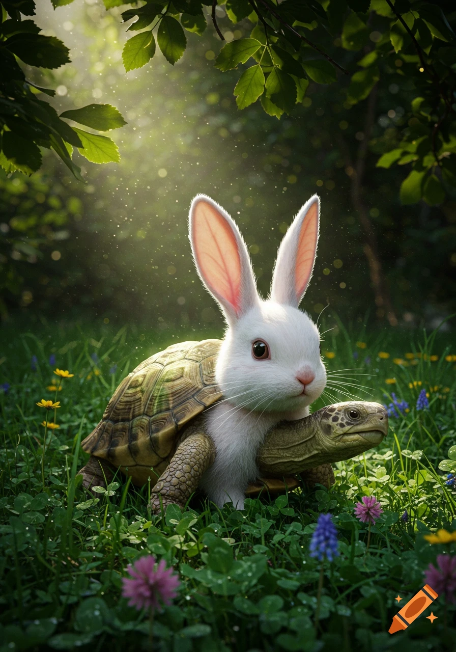 A white bunny with a turtle shell walks through a sunlit forest clearing with green grass and wildflowers.