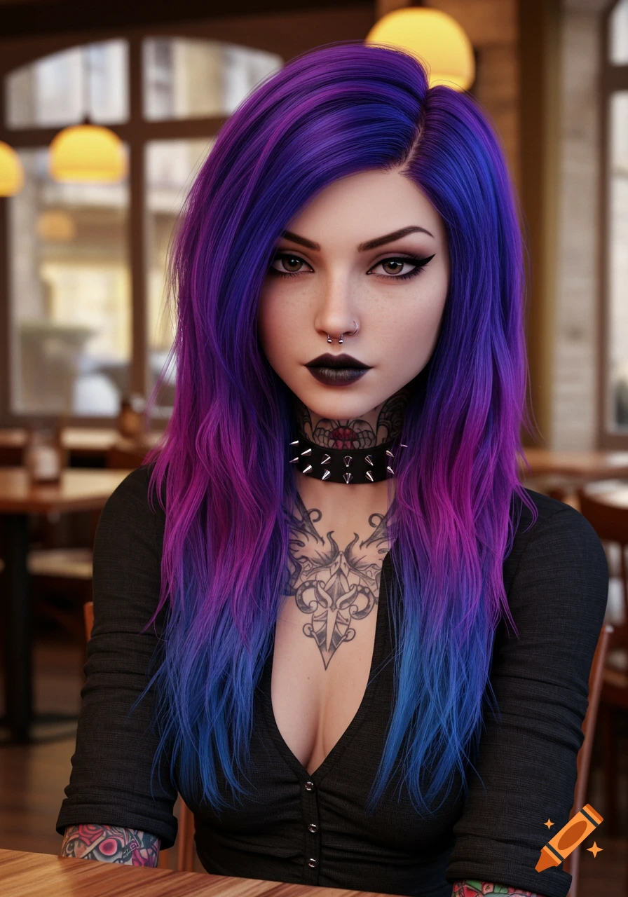 Photorealistic portrait of a woman with purple-blue ombre hair, dark makeup, piercings, and tattoos, wearing a black top showing cleavage.