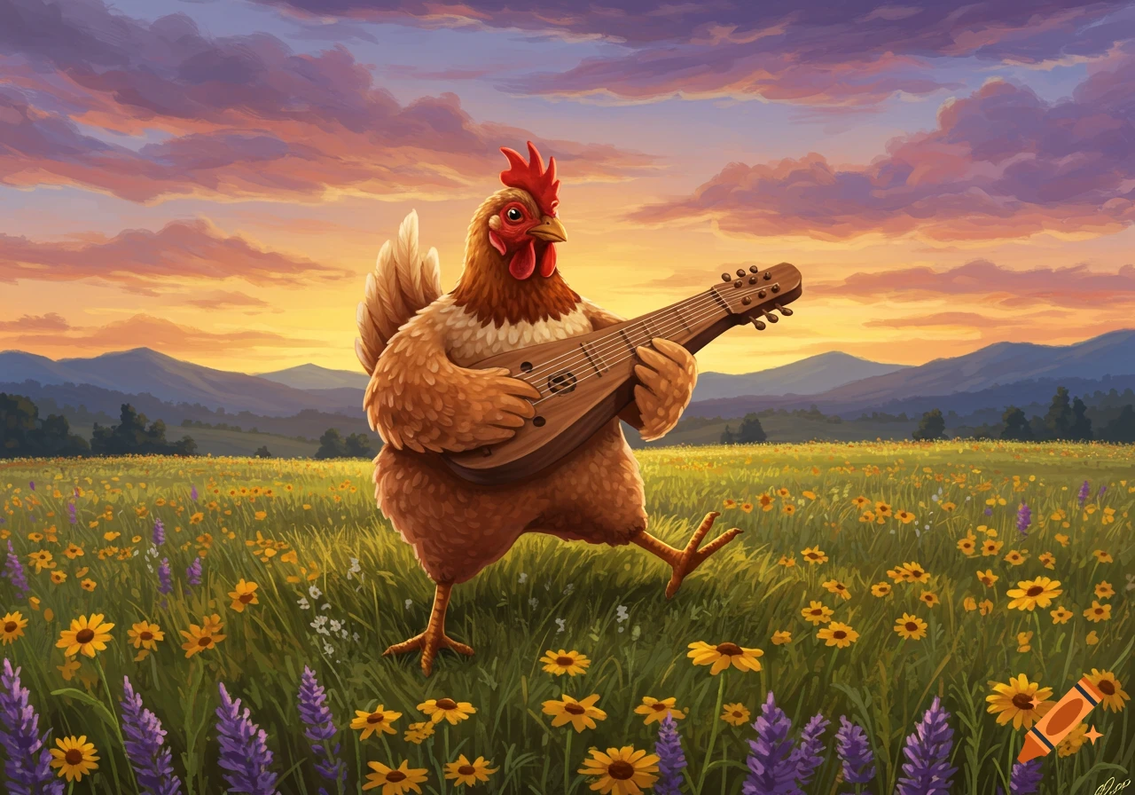 A cartoon chicken playing a lute in a vibrant flower field with mountains and a sunset in the background.