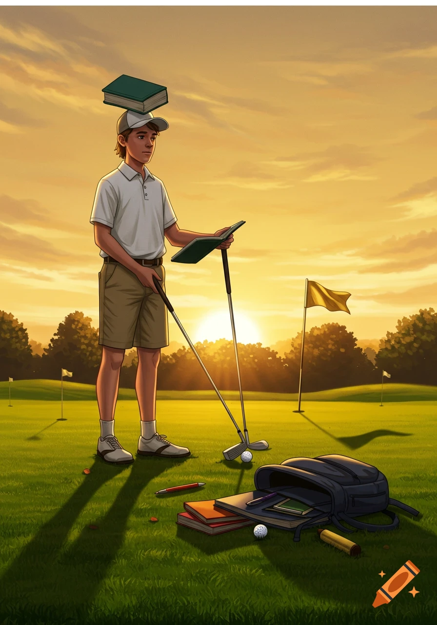 A boy balances a book on his head, holding a golf club and score pad on a sunset golf course, with school supplies.
