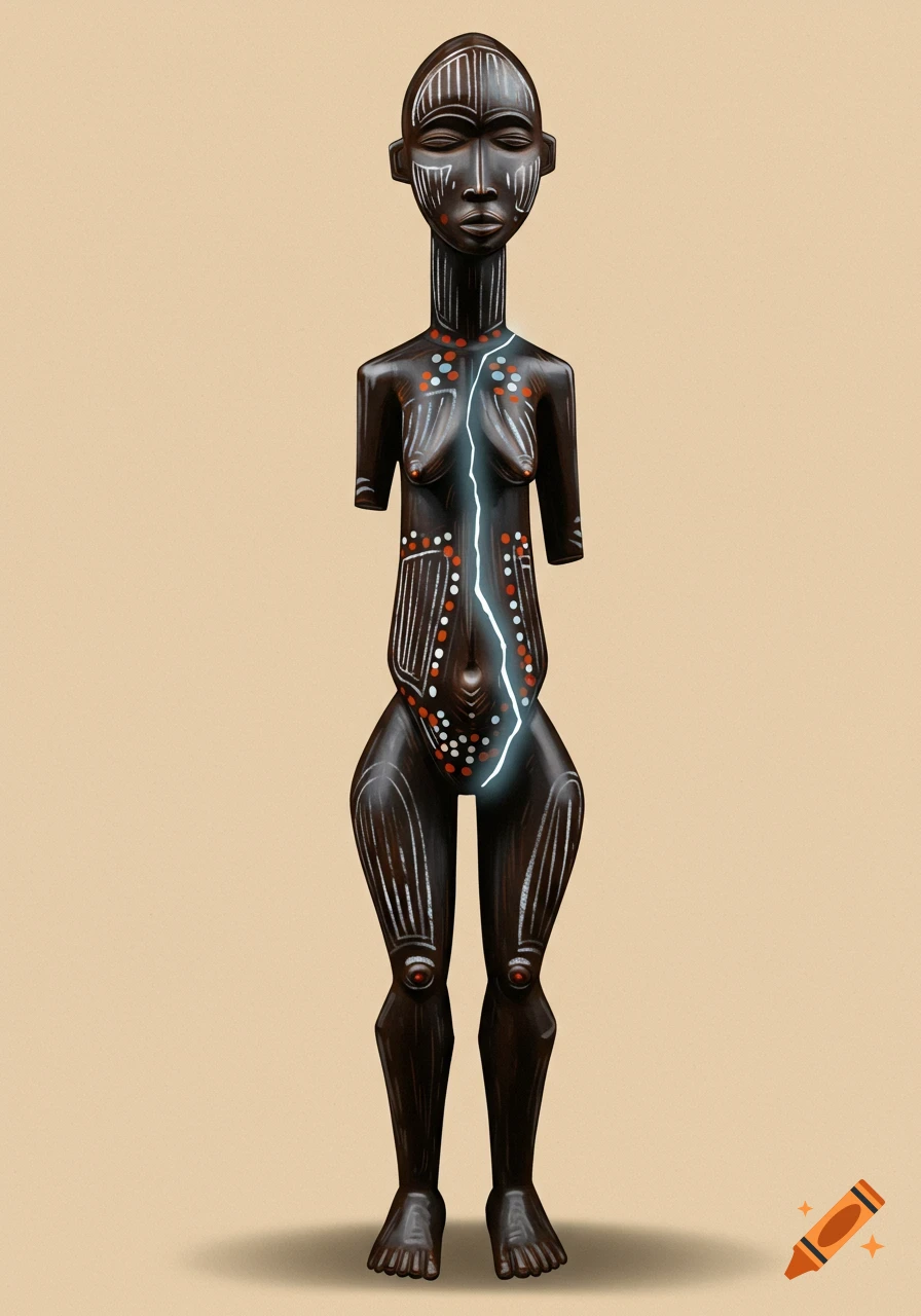 A stylized dark ebony female sculpture inspired by African art, with white, red, and blue dot patterns and a glowing crack, against a beige background.