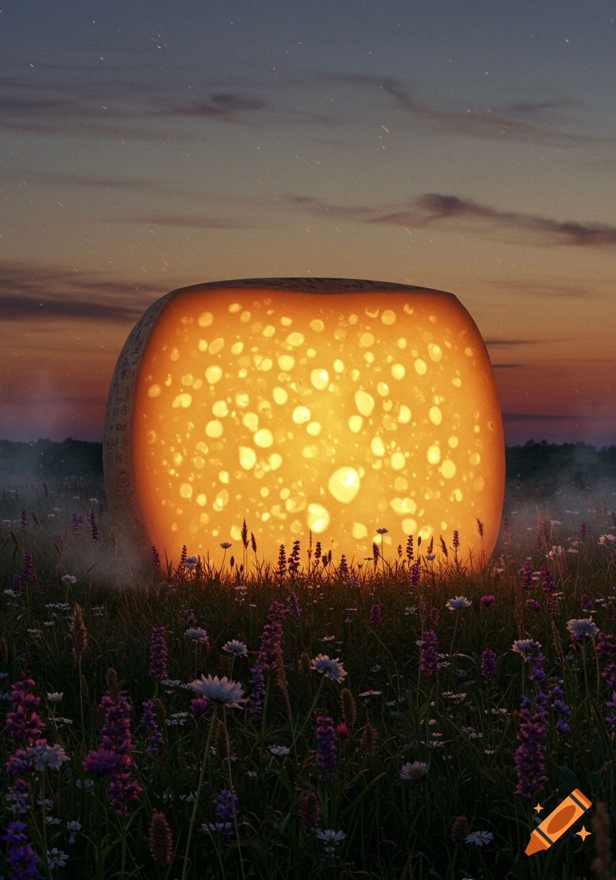A giant, glowing, golden cheese wheel stands in a field of purple and white wildflowers at twilight under a starry sky.