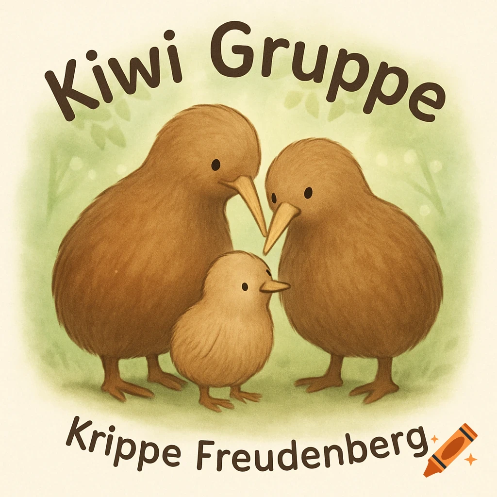 A friendly cartoon illustration of two adult kiwi birds and a chick, with 'Kiwi Gruppe' at the top and 'Krippe Freudenberg' at the bottom.