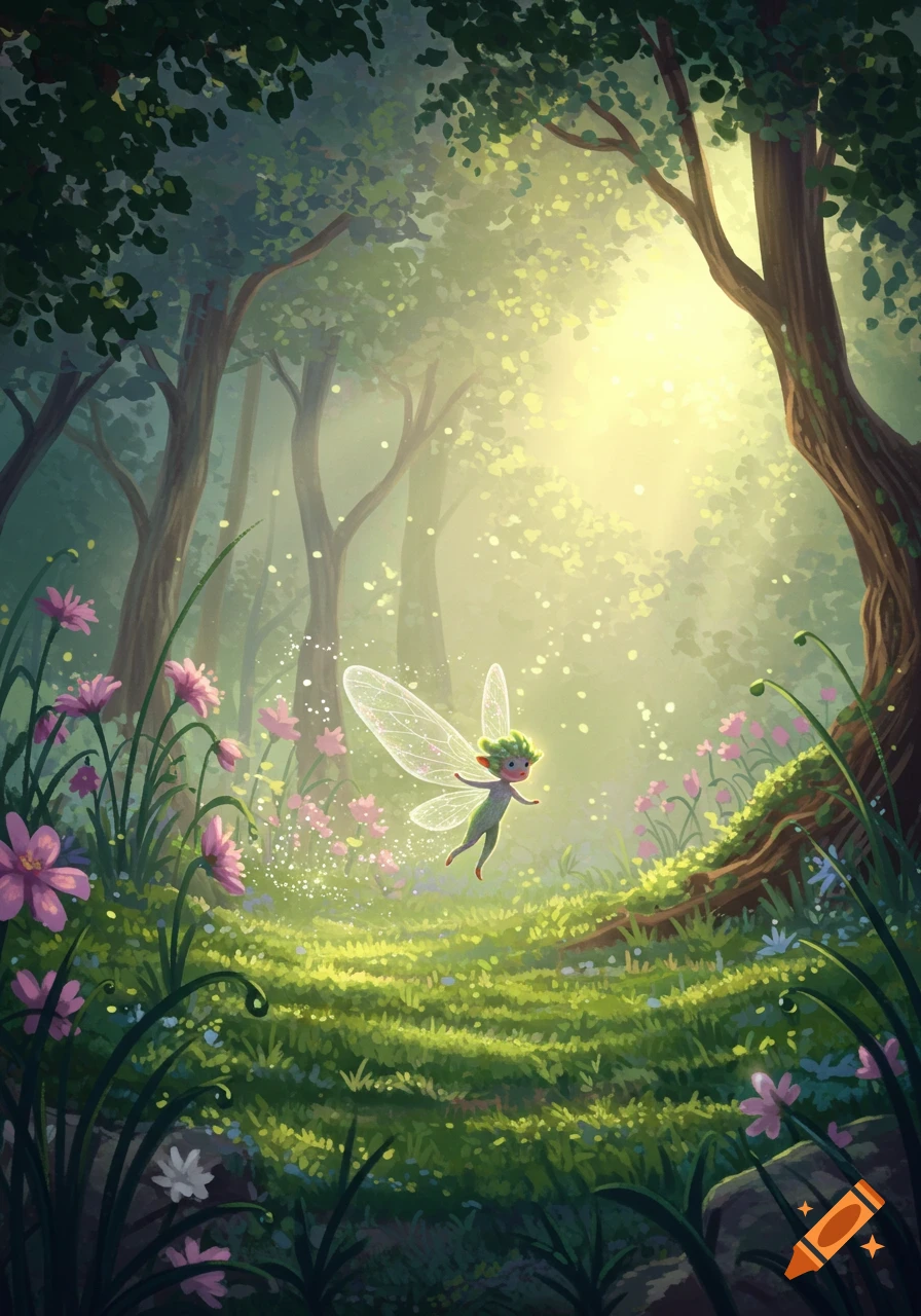 A small, green fairy with transparent wings flies over lush green grass and pink flowers in a sun-dappled, magical forest illustration.