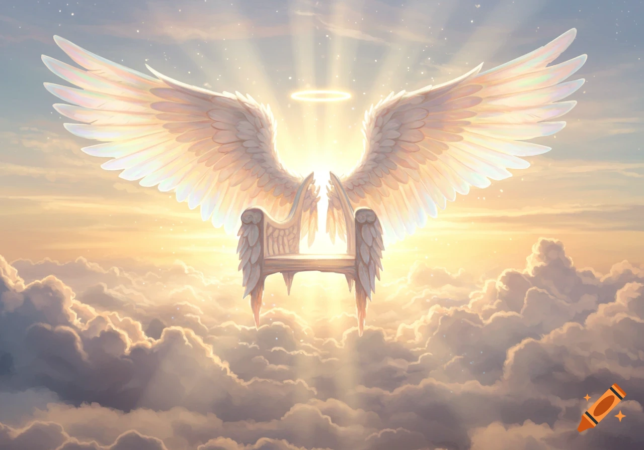 An ornate chair with large white wings and a halo floats above a vast expanse of fluffy white clouds in a bright, ethereal sky.