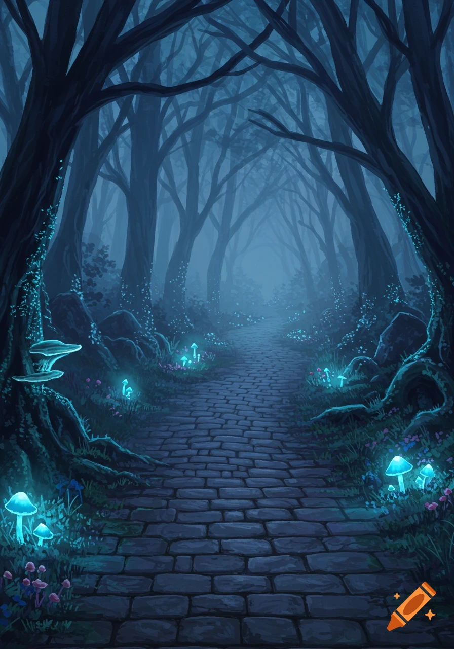 A dark, mystical forest path at night, illuminated by glowing blue mushrooms and faint wisps of mist among the silhouettes of ancient trees.