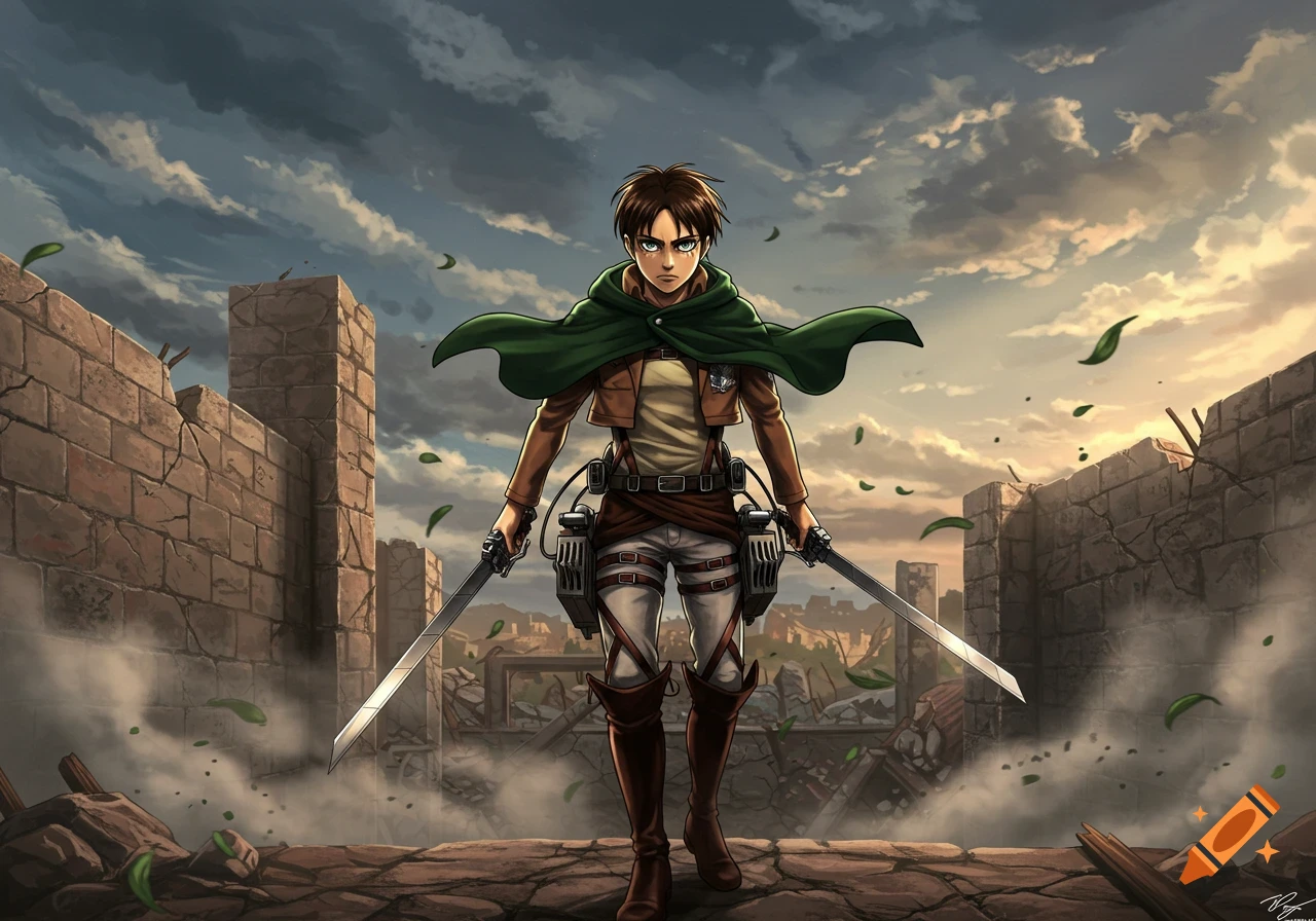 A determined Eren Jaeger from Attack on Titan stands with two swords amidst the rubble of destroyed walls at sunset, leaves flying. Anime style.