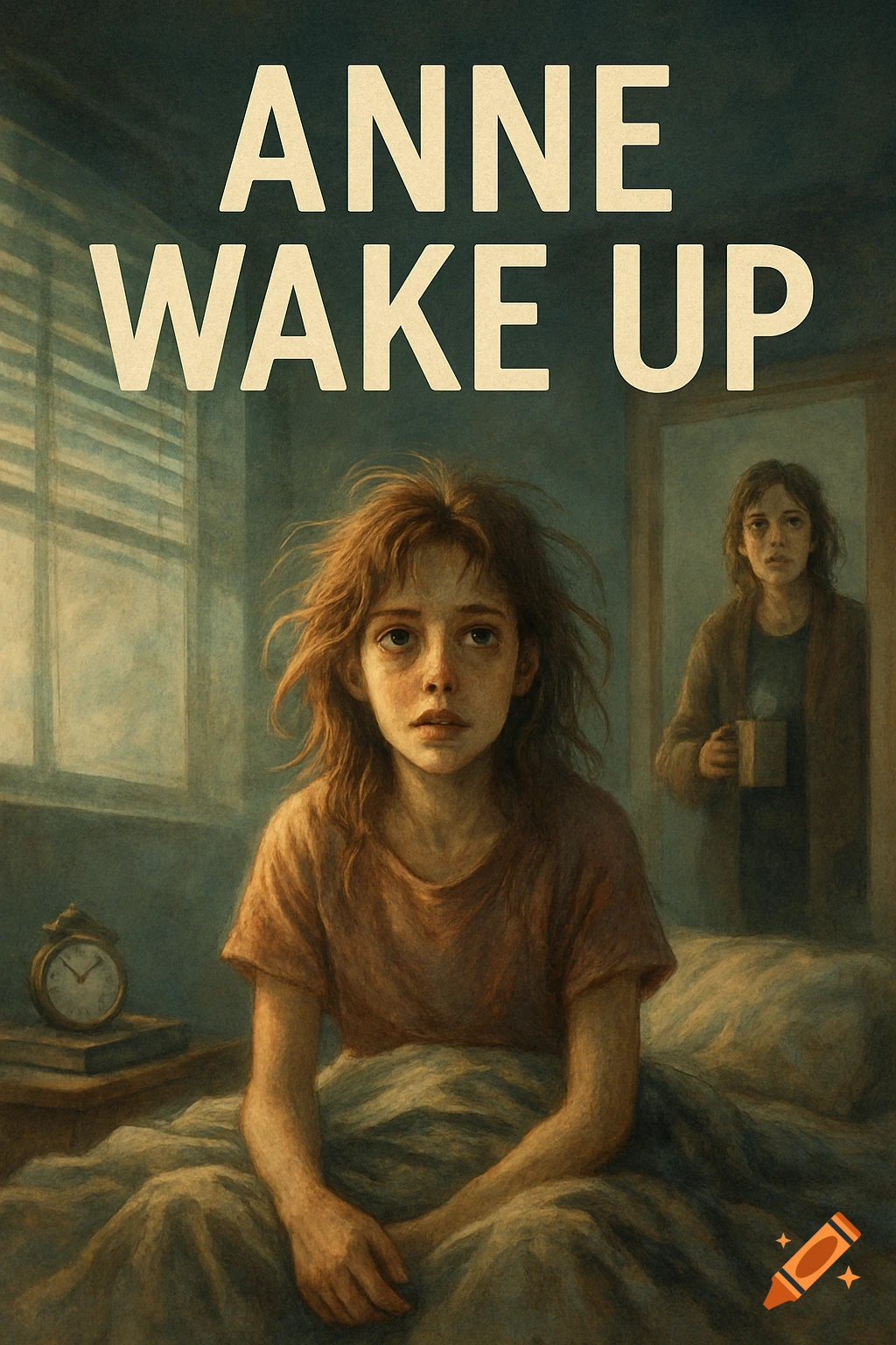 A somber young girl with messy hair sits in bed, a woman stands in the doorway. Text: ANNE WAKE UP. Painterly style.