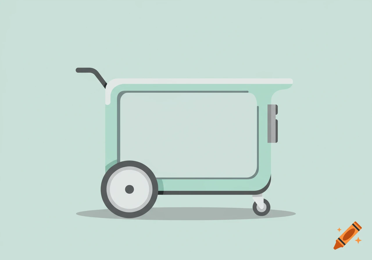 A flat design illustration of a light green utility cart with one large wheel and a small caster, seen from the front on a light background.