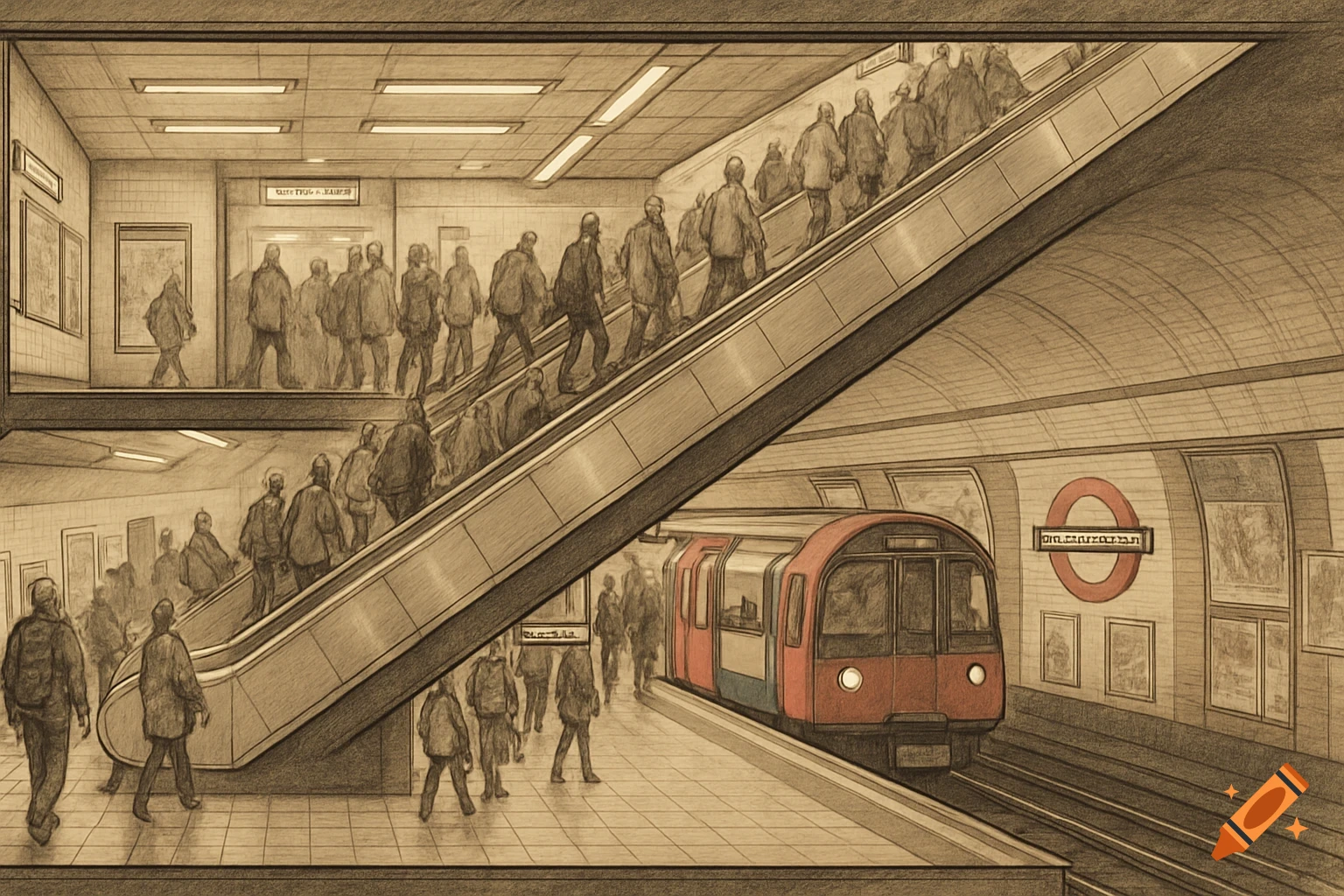 A sepia-toned sketch showing people on escalators and a platform with a red London Underground train in a subway station.