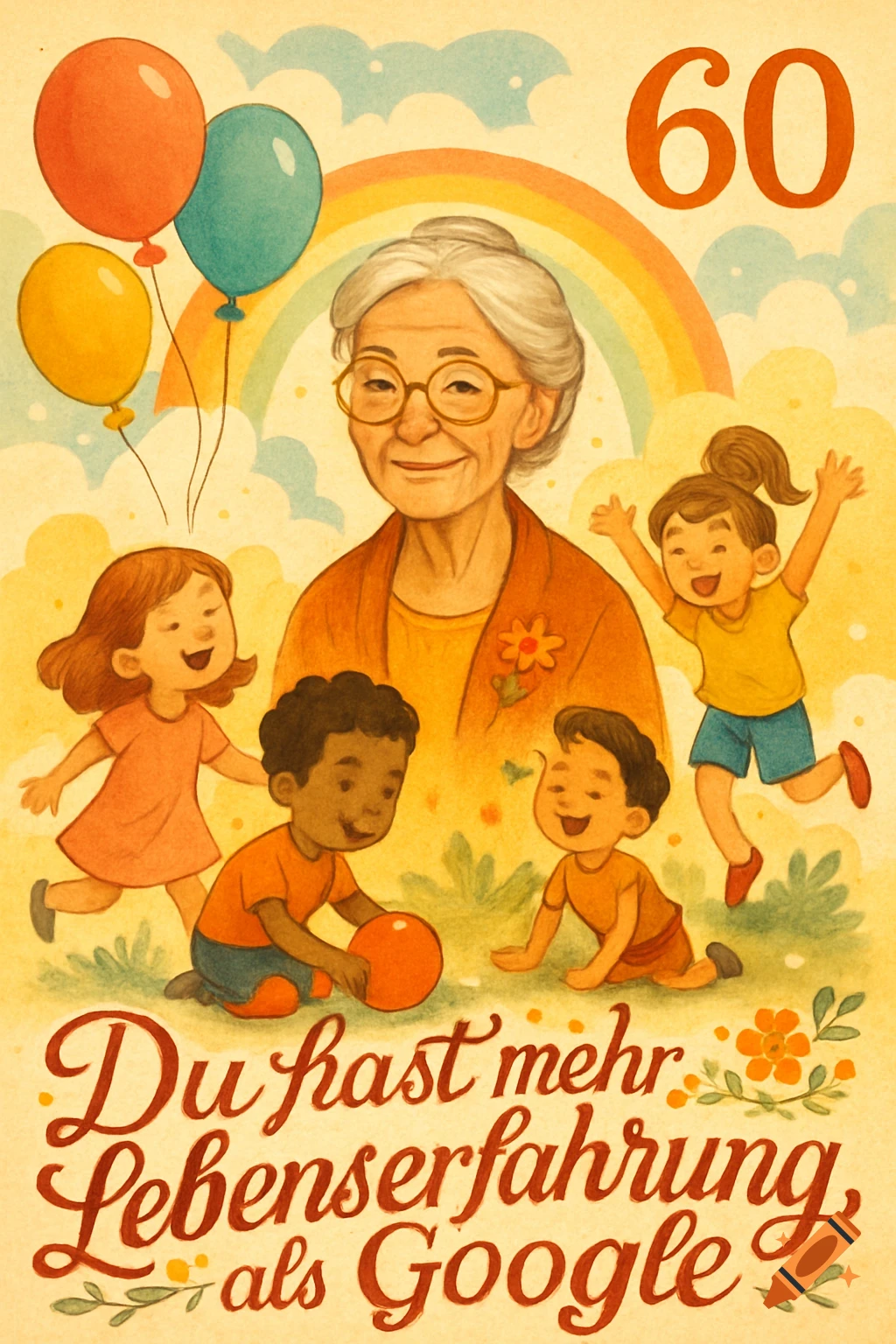Birthday card illustration: an elderly woman with smiling children, balloons, and a rainbow. Text reads '60' and 'Du hast mehr Lebenserfahrung als Google'.