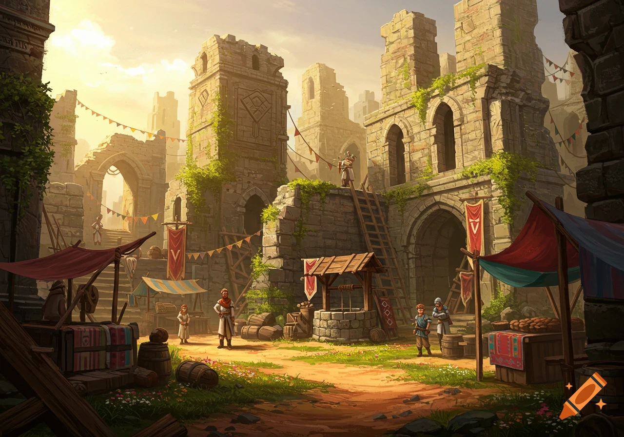 A vibrant fantasy market scene among ancient stone ruins, with merchants, villagers, and market stalls under a golden sky.