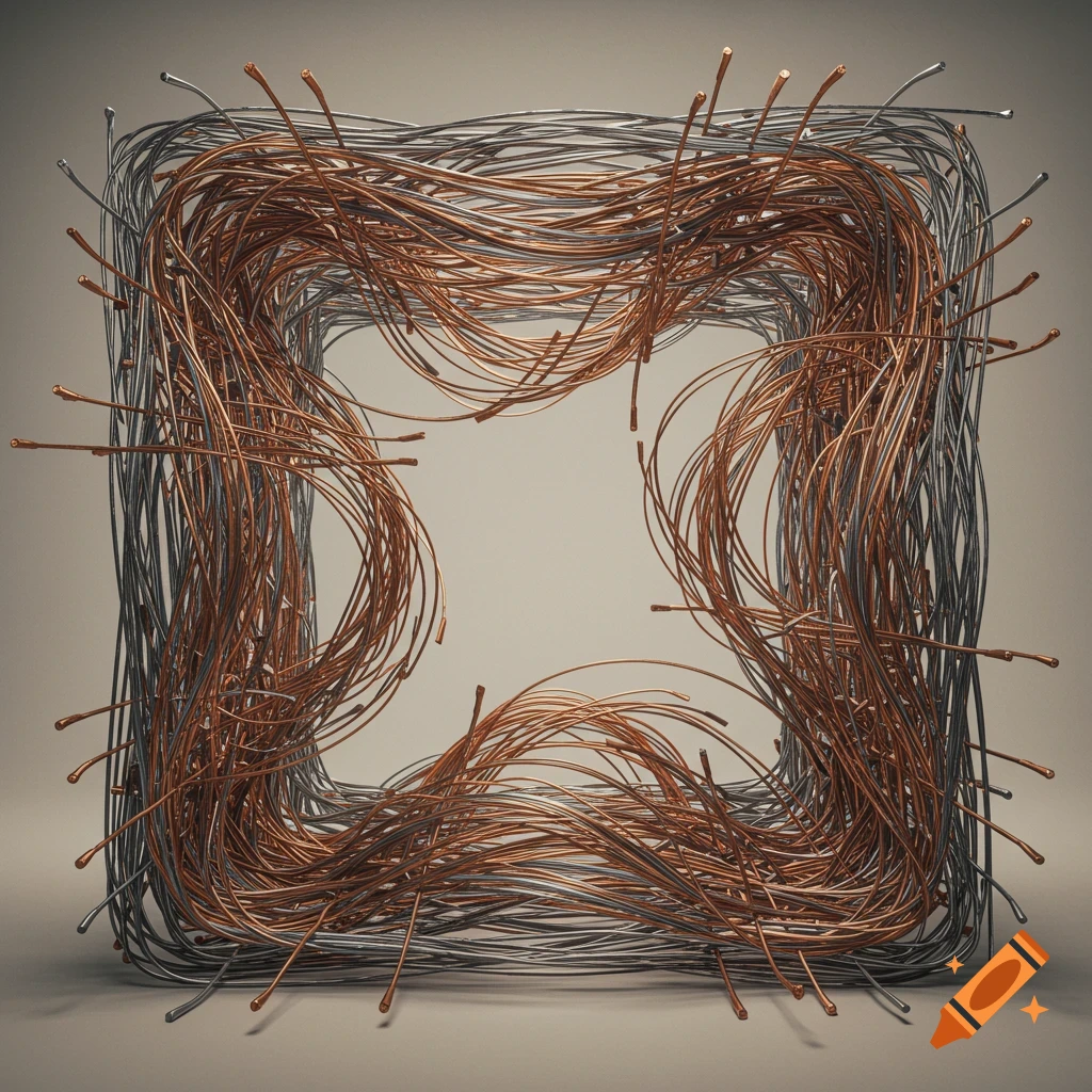 Abstract arrangement of copper and steel wires forming a square frame with an empty center, appearing taut.
