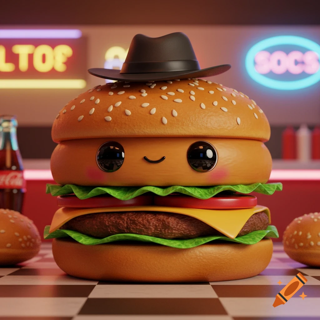 A cute, anthropomorphic cartoon burger wearing a fedora hat sits on a checkered table in a retro diner.