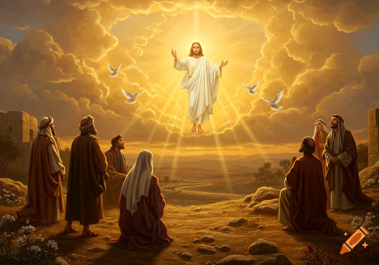 Luminous biblical painting: Jesus in white ascends into golden clouds with doves, followers watch from a serene landscape.