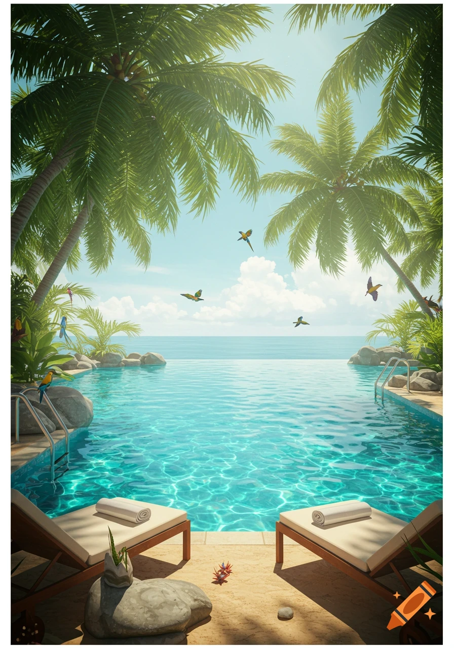 Tropical infinity pool framed by palm trees and ocean. Bright blue sky with flying birds. Lounge chairs with towels.