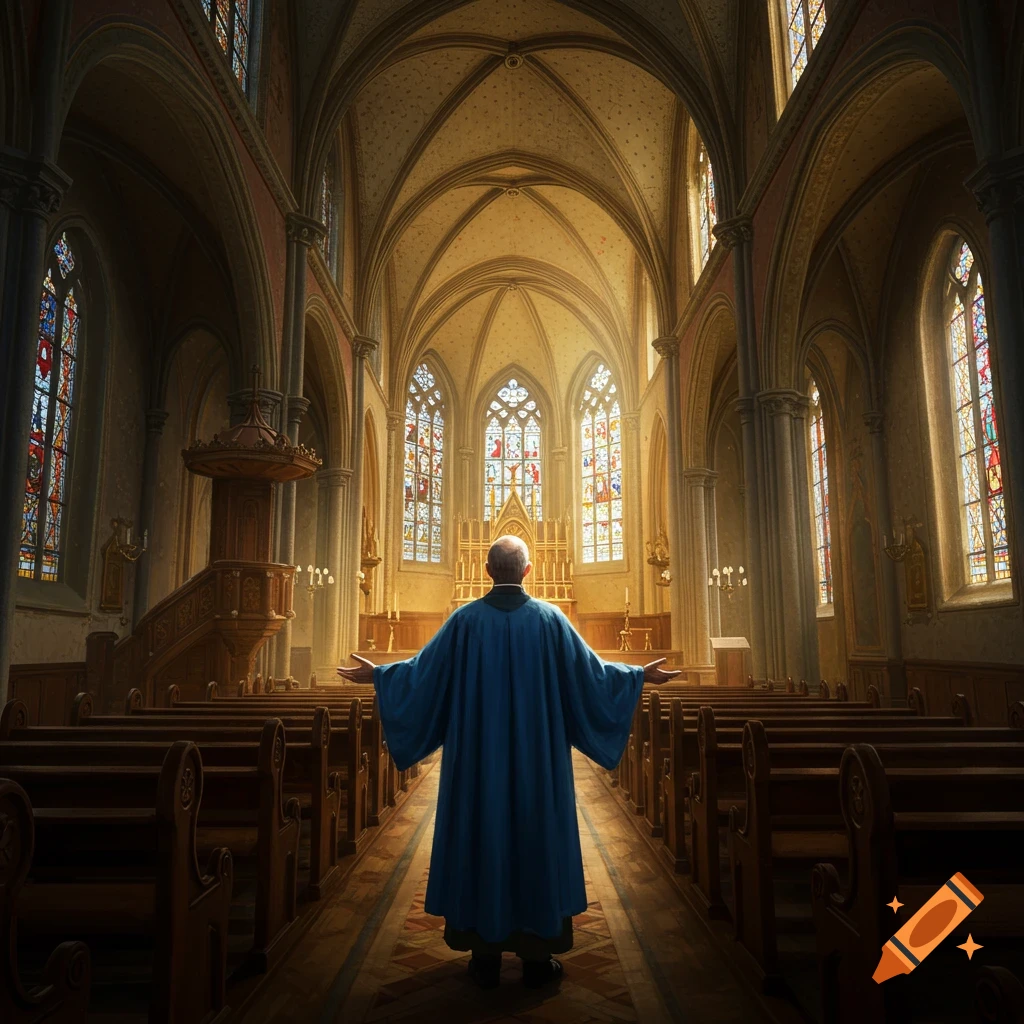 A preacher in a blue robe stands with outstretched arms in a grand church with stained glass windows.