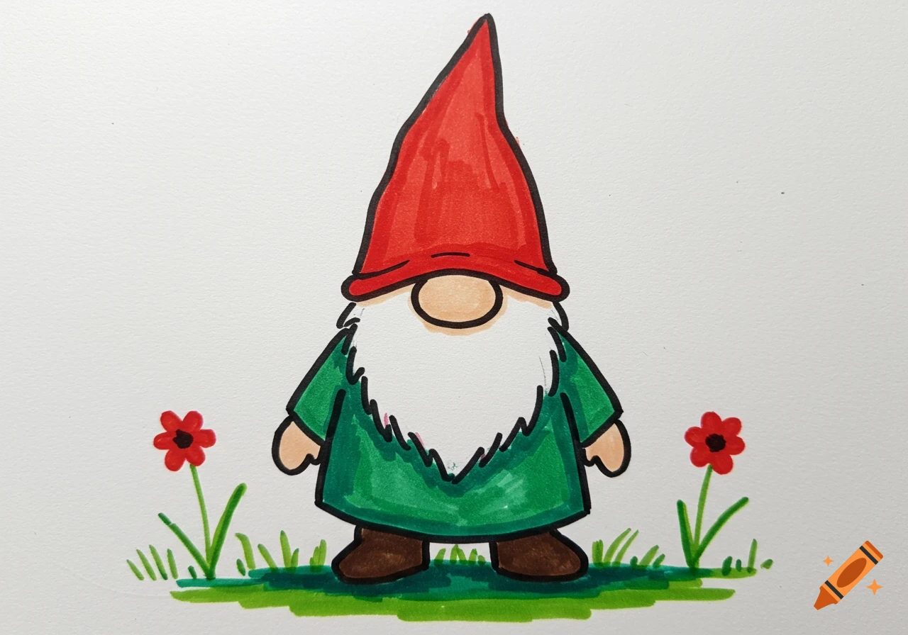 A child-like drawing of a gnome with a red hat, white beard, and green coat, standing between two red flowers on white paper.