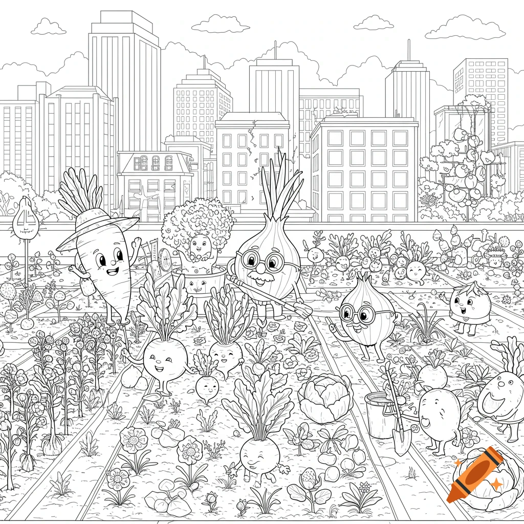 Black and white coloring book illustration of an urban farm with happy cartoon vegetable characters in front of a city skyline.