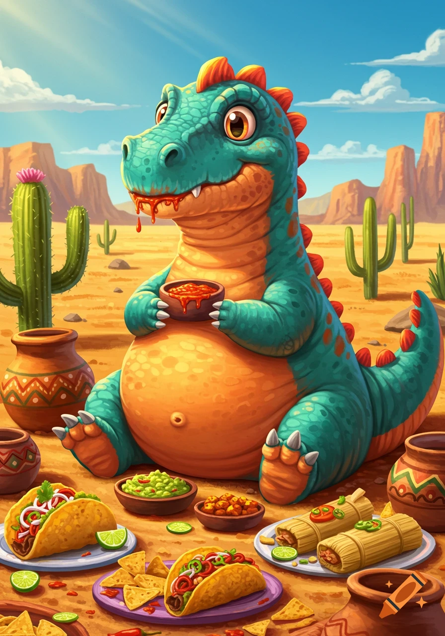 A cute, fat, teal and orange cartoon dinosaur sits in a desert eating tacos, nachos, and tamales, with sauce dripping from its mouth.