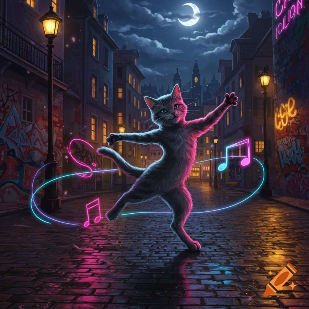 A stylized gray cat dances under a crescent moon in a vibrant, neon-lit urban alley, surrounded by glowing musical notes.