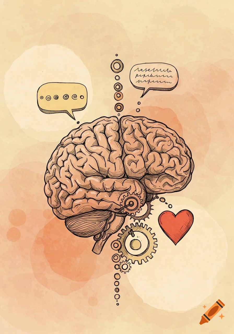 Hand-drawn illustration of a human brain with gears, a red heart, and speech bubbles on a warm, textured background.
