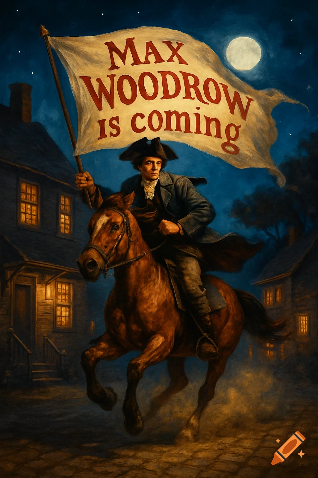 A man on horseback at night, in colonial attire, rides holding a flag that reads 'MAX WOODROW IS COMING' in a dramatic painting.