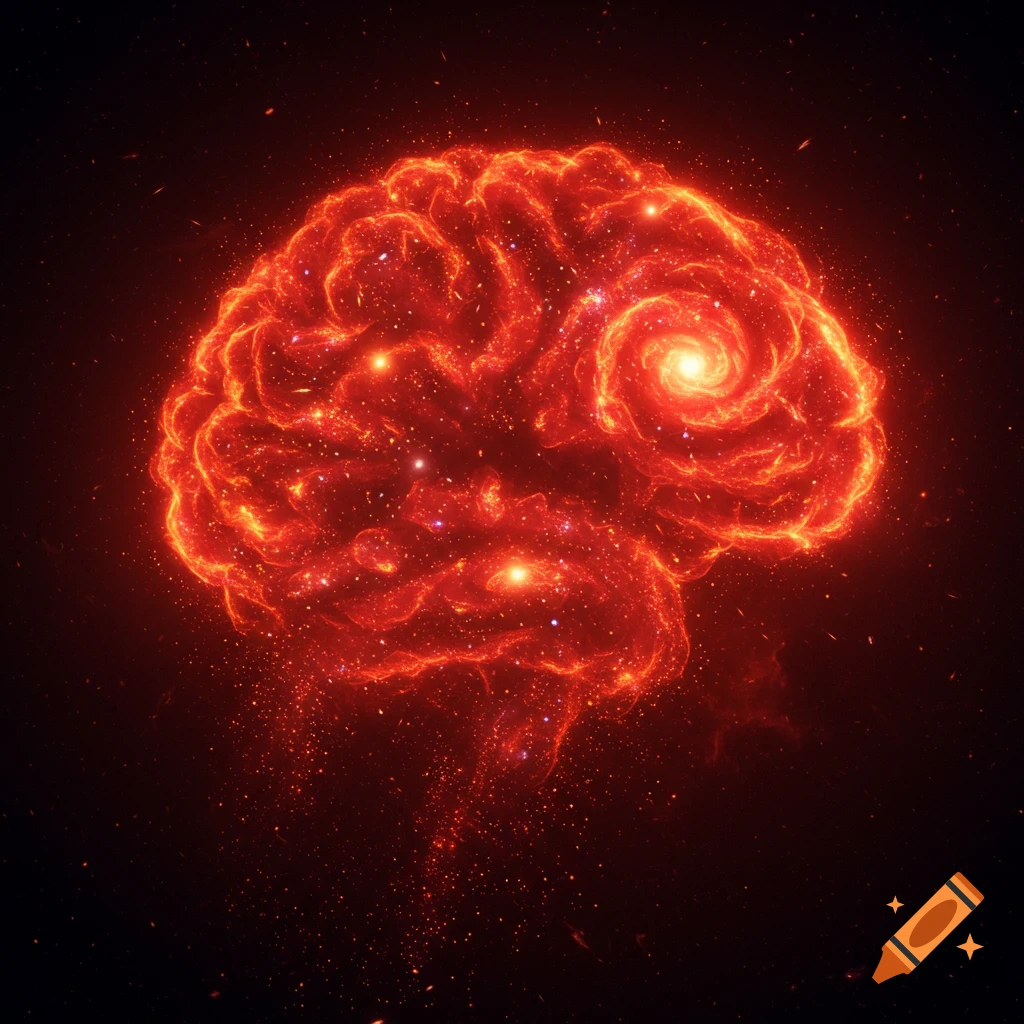 A vibrant red-orange cosmic brain, detailed with swirling galaxies and particles, against a dark background.