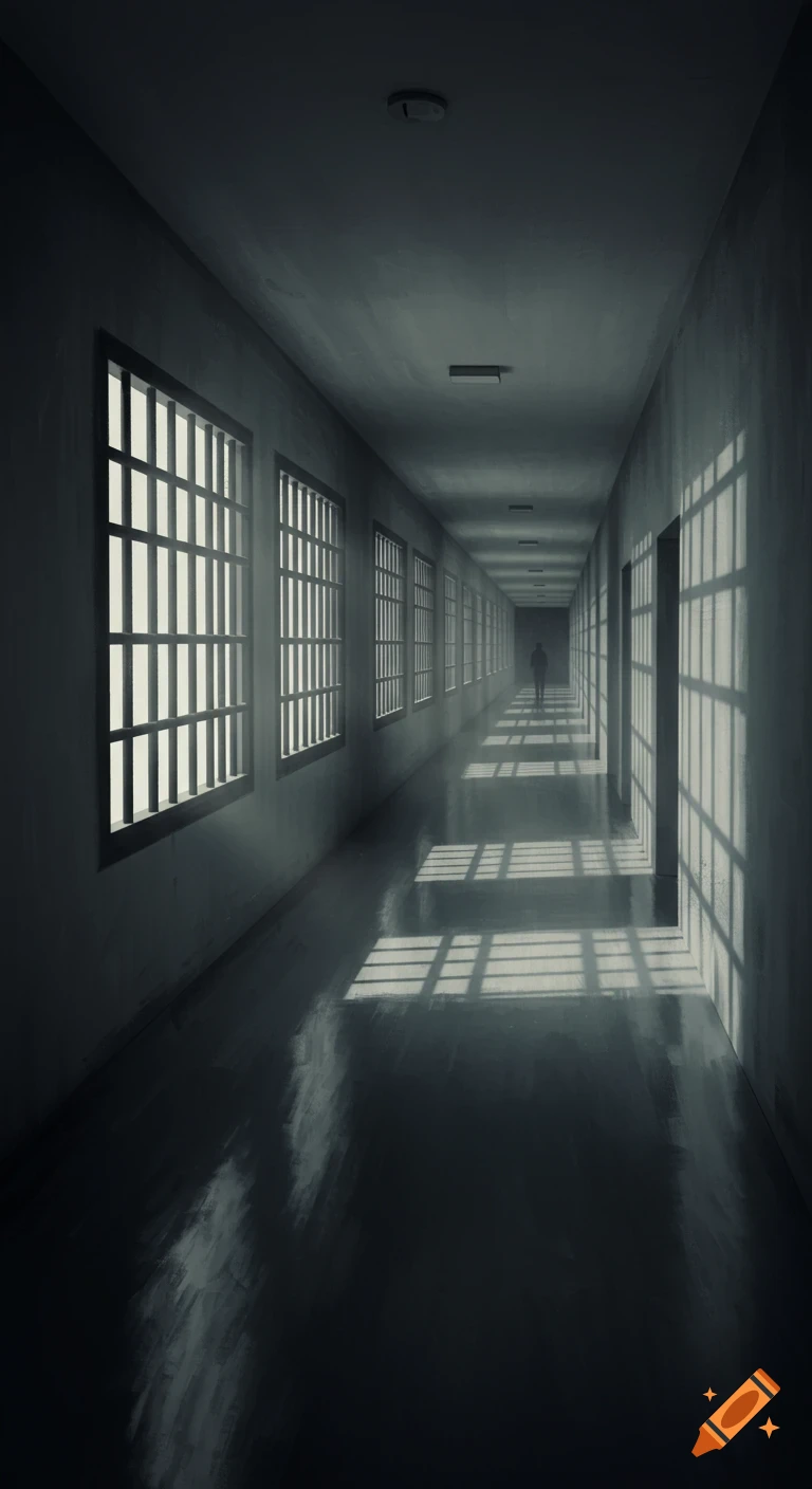 A dark, eerie digital painting of a long hallway with barred window shadows and a distant silhouetted figure.
