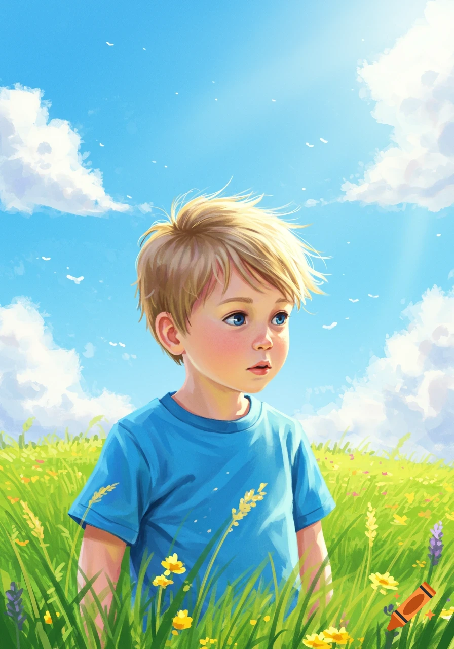 An illustration of a young blonde boy with blue eyes wearing a blue shirt, standing in a vibrant green field with colorful flowers under a bright blue sky.